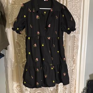 SHEIN Black puff sleeve tiered Dress with Floral Embroidery